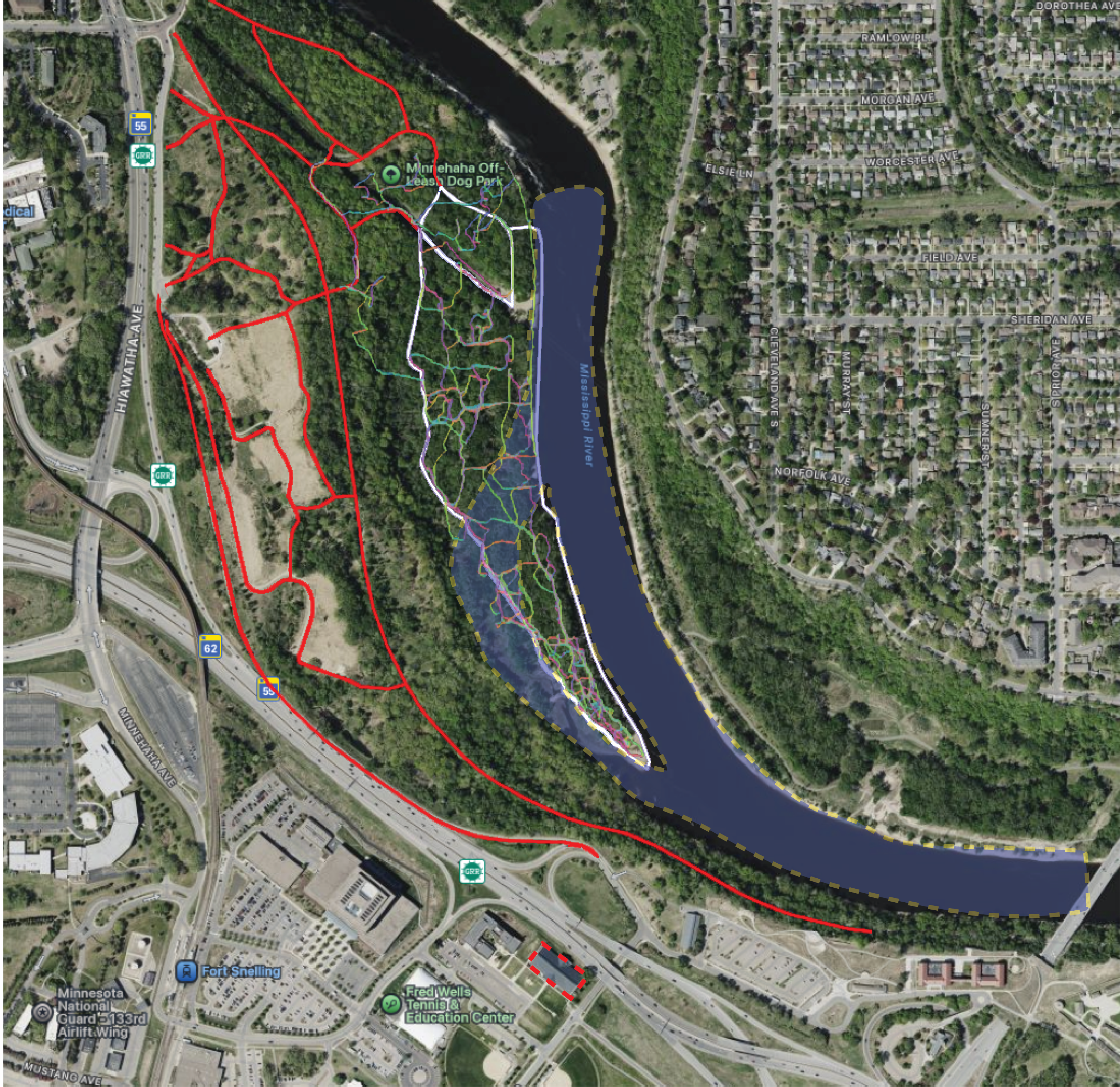 Modern aerial overlay showing historical river context near the Minnehaha off-leash area